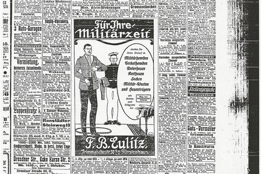 Am 29. Juli wirbt F.B. Eulitz nicht mehr für Schillerhemden oder Strümpfe sondern für einen ganz aktuellen Bedarf. Foto: Stadtarchiv