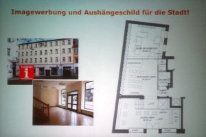 Aus der Präsentation von Sandra Brandt: Die Planungen für die Stadt- und Tourismusinformation in der Markkleeberger Rathausstraße. Foto: Patrick Kulow
