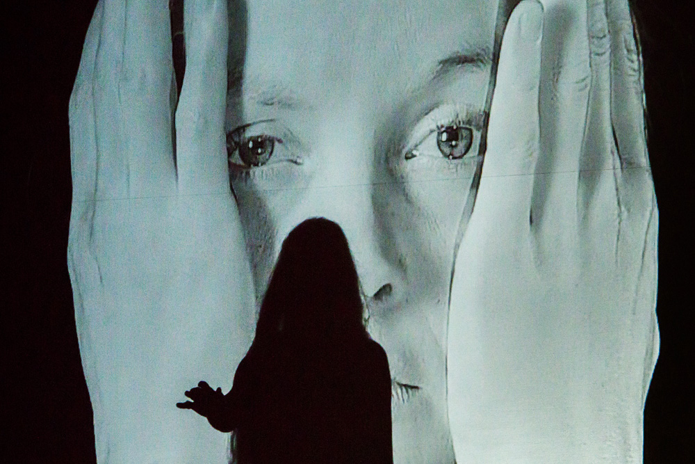 Maria Stuart: Anna Keil (Maria) und Bettina Schmidt (Elisabeth; Schattenriss). Foto: Rolf Arnold, Schauspiel Leipzig