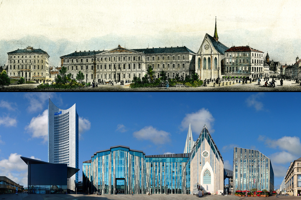 Vergleich 1850 / 2015: Panorama-Ausschnitt Universität / Paulinerkirche. Foto: 2015, PanoramaStreetline und Projekt Leipziger Ring