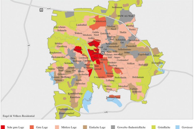 Die Differenzierung der Wohnlagen in Leipzig 2014. Karte: Engel & Völkers