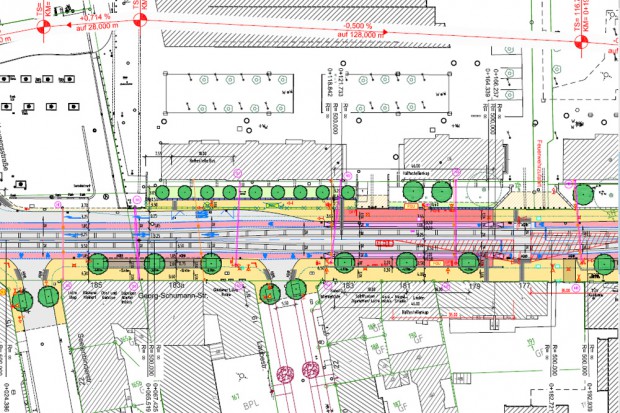 Der Umbauplane für die Georg-Schumann-Straße 2016: Die Laubestraße (unten Mitte) mündet dirkt westlich der neuen Haltestelle auf die Geog-Schumann-Straße. Karte: Stadt Leipzig / Verkehrs- und Tiefbauamt