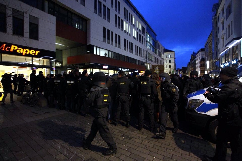 Rund 2.000 Beamte waren am 30. Januar im Einsatz. Unter Anderem hier an der Grimmaische Straße. Foto: Marcus Fischer