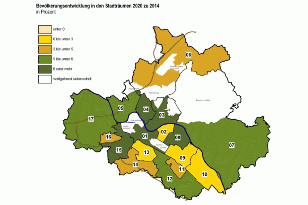 In Dresden praktisch dasselbe Bild: Die innerstädtischen Quartiere wachsen am stärksten. Karte: Stadt Dresden