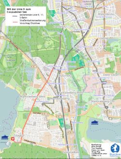 So kann die neue Linienführung zum Cospudener See nach Vorschlag des Ökolöwen aussehen. Foto: Ökolöwe – Umweltbund Leipzig e.V.