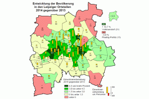 Dunkelgrün: Die am stärksten wachsenden Ortsteile in Leipzig 2014. Karte: Stadt Leipzig, Amt für Statistik und Wahlen