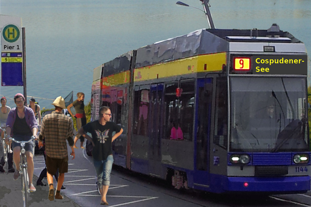 Vom Ökolöwen schon mal bildhaft montiert: Straßenbahnhaltestelle Pier 1. Foto: Ökolöwe – Umweltbund Leipzig e.V.