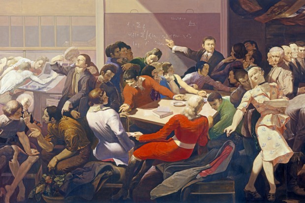 Die ganze Euphorie der sozialistischen Intelligenz im virtuosen Renaissance-Stil Wrner Tübkes (Mittelteil des Gemäldes "Arbeiterklasse und Intelligenz"). Foto: Kustodie, Uni Leipzig