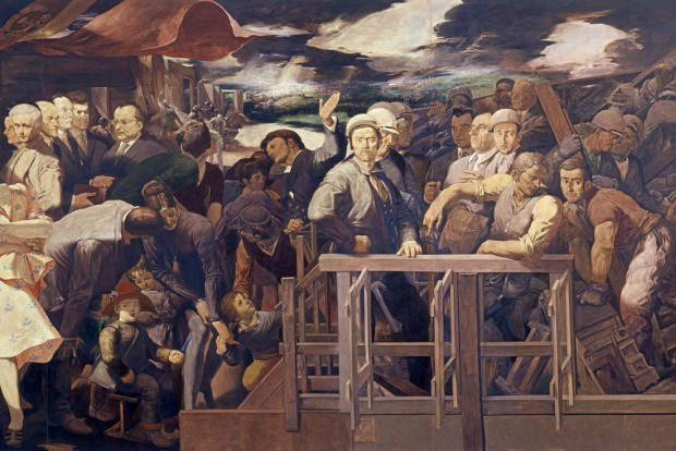 Rechter Bildteil: Das vornüber gebeugte Paar am linken Rand stellt Tübke und seine Rrau dar, zwischen den Bauarbeitern mit Helmen sind die beiden SED-Funktionäre Fröhlich (hinten) und Grützner zu erkennen. Foto: Kustodie, Uni Leipzig