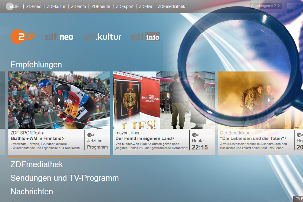 Ausgewogenheit mit der Lupe gesucht: Startseite des ZDF im Internet. Montage: L-IZ