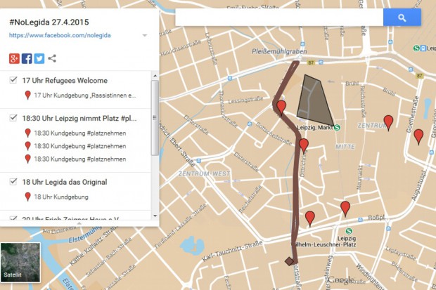 Die interaktive Google-Karte von NoLegida zu allen  Demonstrationen am 27. April 2015 in Leipzig. Screenshot