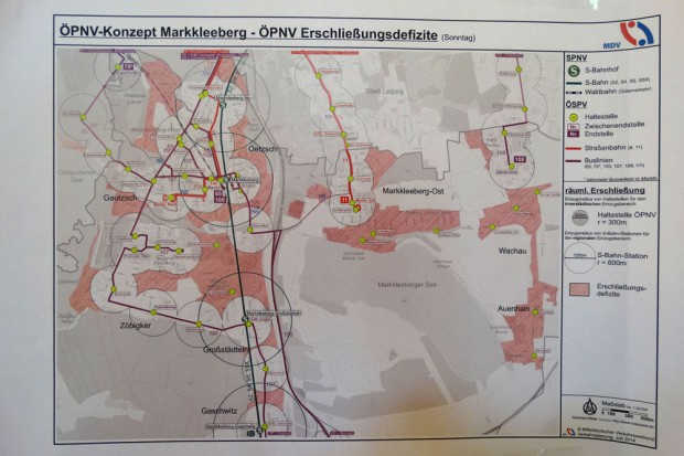 Die derzeitigen Erschließungsdefizite des ÖPNV im Stadtgebiet Markkleeberg. Ausschnitt: Konzeptunterlagen MDV.