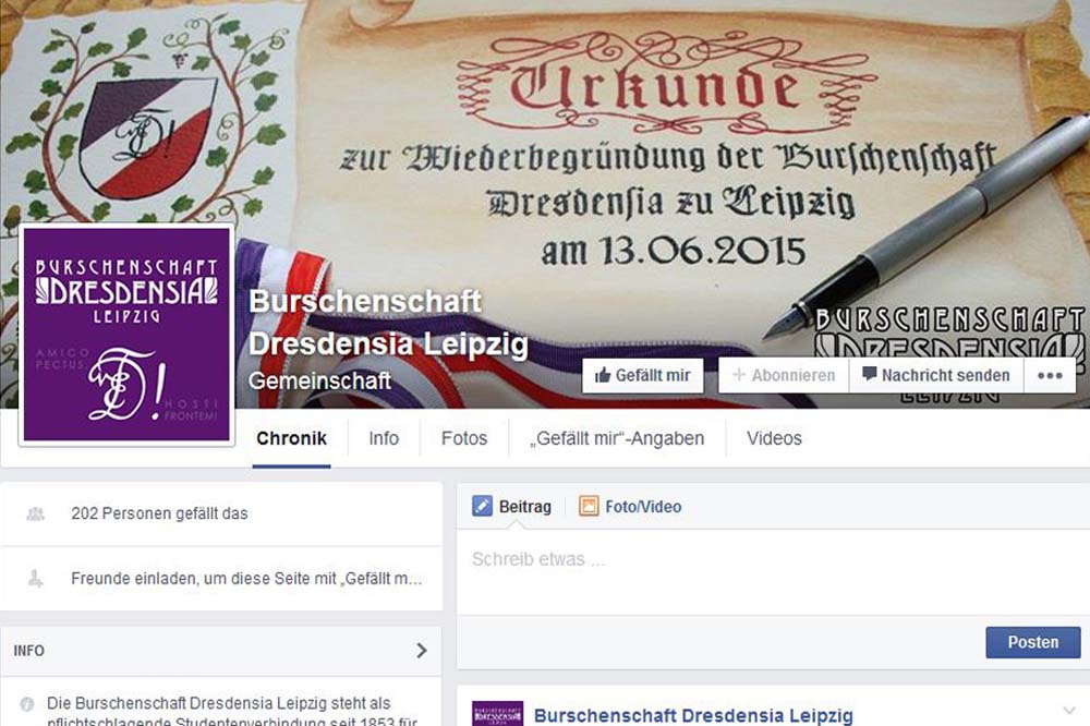 Facebook-Seite der Burschenschaft Dresdensia Leipzig. Foto: Screenshot