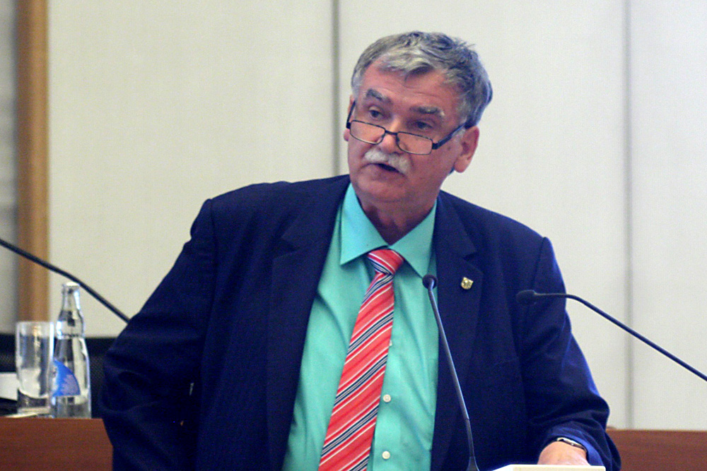 Linke-Stadtrat Siegfried Schlegel am Rednerpult in der Ratsversammlung. Foto: Sebastian Beyer