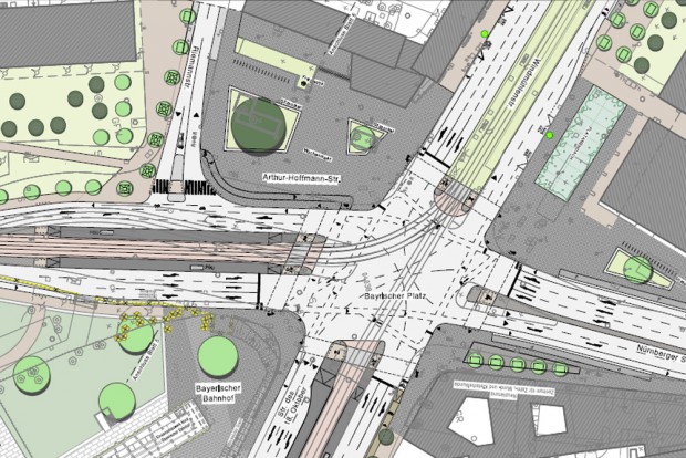 Mögliche künftige Verkehrsraumaufteilung am Bayrischen Platz. Karte: Stadt Leipzig