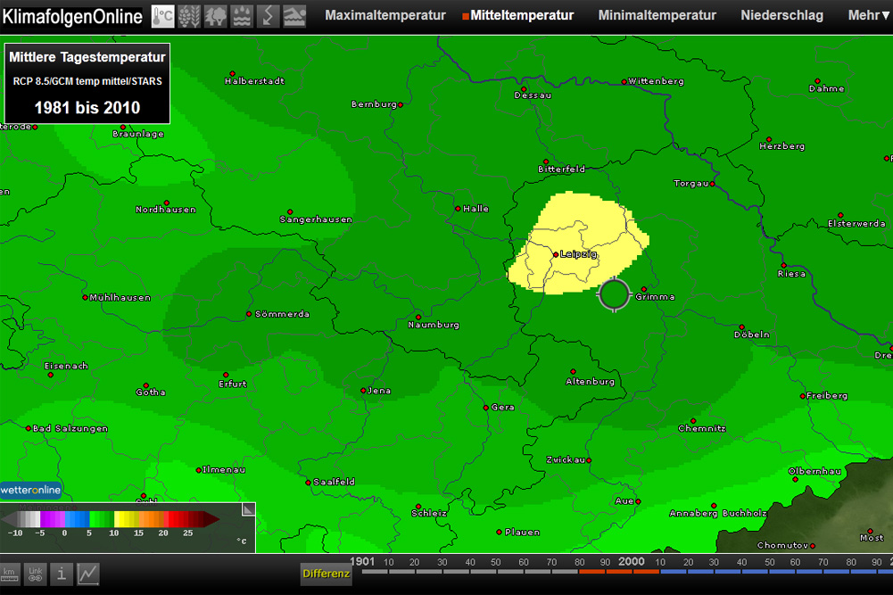 Jahresmitteltemperatur in Mitteldeutschland. Leipzig ist als Wärmeinsel deutlich erkennbar. Screenshot: L-IZ
