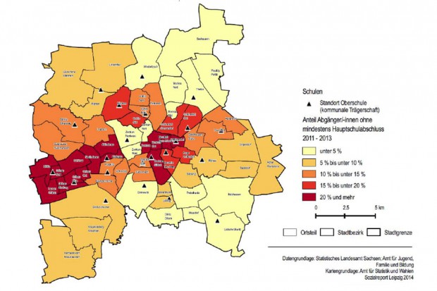 In sozialen Brennpunkten verlassen besonders viele Jugendliche die Schule ohne Abschluss. Grafik: Stadt Leipzig, Sozialreport 2014