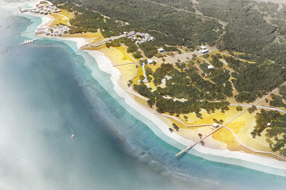 Vogelperspektive auf den Planbereich des Nordstrands am Zwenkauer See. Visualisierung: ZV Neue Harth