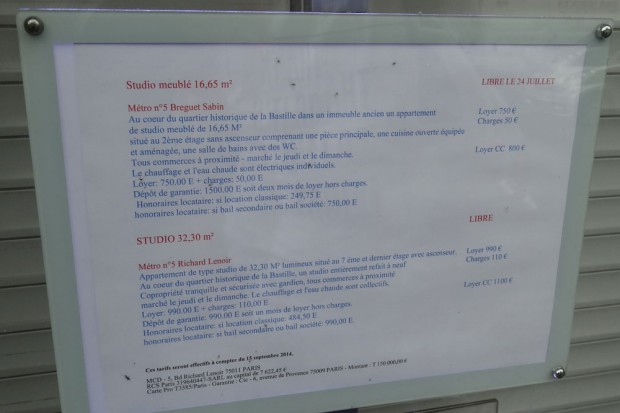 Wohnungsangebote zur Miete zweier Einraumwohnungen im 11. Arrondissement. Foto: Patrick Kulow