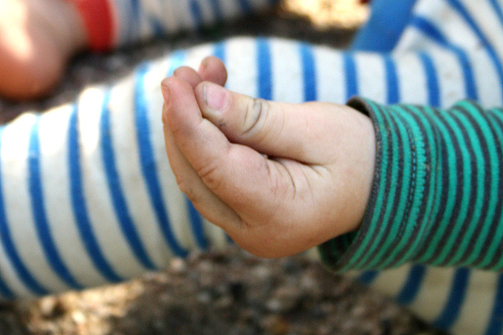 So fängt Feinmotorik an: ganz kleine Dinge in die Hand nehmen können und zeigen ... Foto: Maike Klose