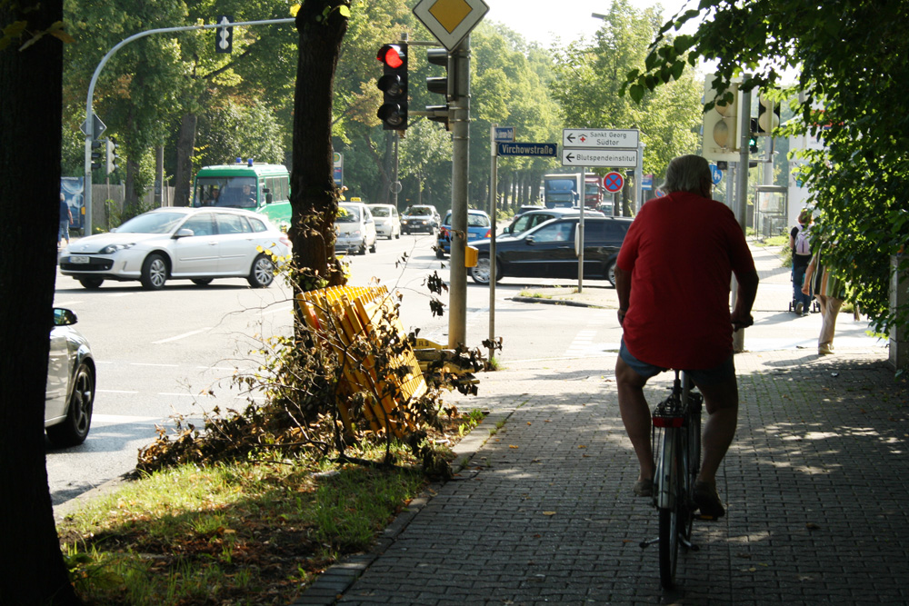 Die im Schatten sieht man nicht: Radfahrer kurz vor der Kreuzung Max-Liebermann-Straße / Virchowstraße. Foto: Ralf Julke