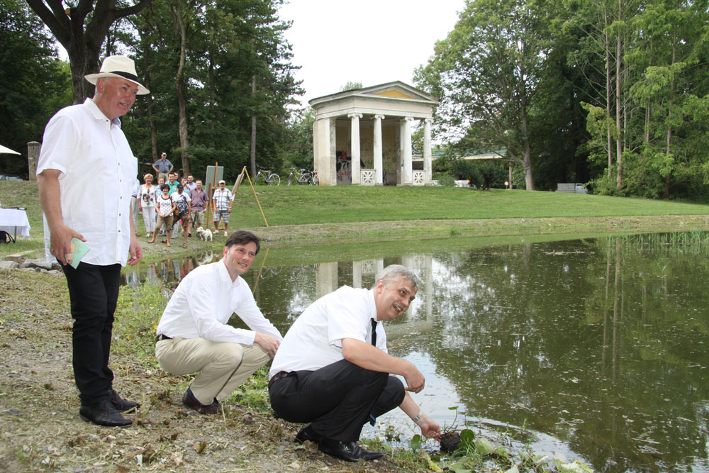 Karsten Schütze (vorne) und Heiko Rosenthal setzen erste Teichrosen. Foto: Matthias Weidemann