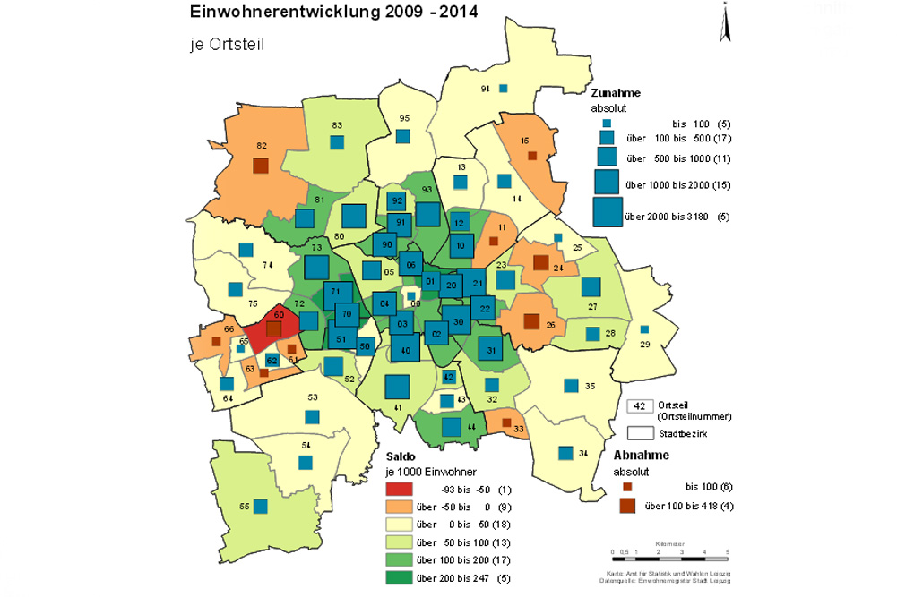 Leipzigs Bevölkerungswachstum der letzten fünf Jahre: Nur am Rand gibt's noch rote Flecken. Karte: Stadt Leipzig, Amt für Statistik und Wahlen