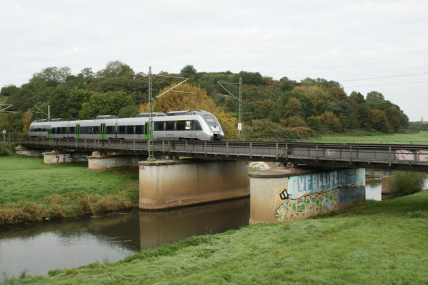 S-Bahn auf der Bahnbrücke über die Neue Luppe. Foto: Ralf Julke