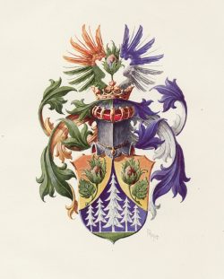 Das Familienwappen: Das Wappen wurde 1770 vom Kaiser Joseph II. verliehen. Die Fichten und die Lampertsnüsse erinnern an den Geburtsort von C. G. Frege (Lampertswalde bei Dahlen). Foto: Sächsisches Staatsarchiv