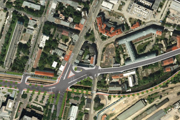 Die Planung von 2008: Die Berliner Straße wird schräg über die Parthe in die Uferstraße verschwenkt, auch die Radwegesituation wird sinnvoller. Karte: Stadt Leipzig