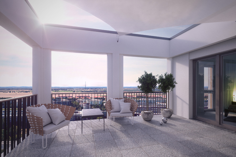 So sollen die Dachterrassen aussehen. Visualisierung: Die Ansicht des neuen Hochhauses von der Gartenseite her. Visualisierung: Fuchshuber Architekten