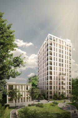 Die Ansicht des neuen Hochhauses von der Gartenseite her. Visualisierung: Fuchshuber Architekten