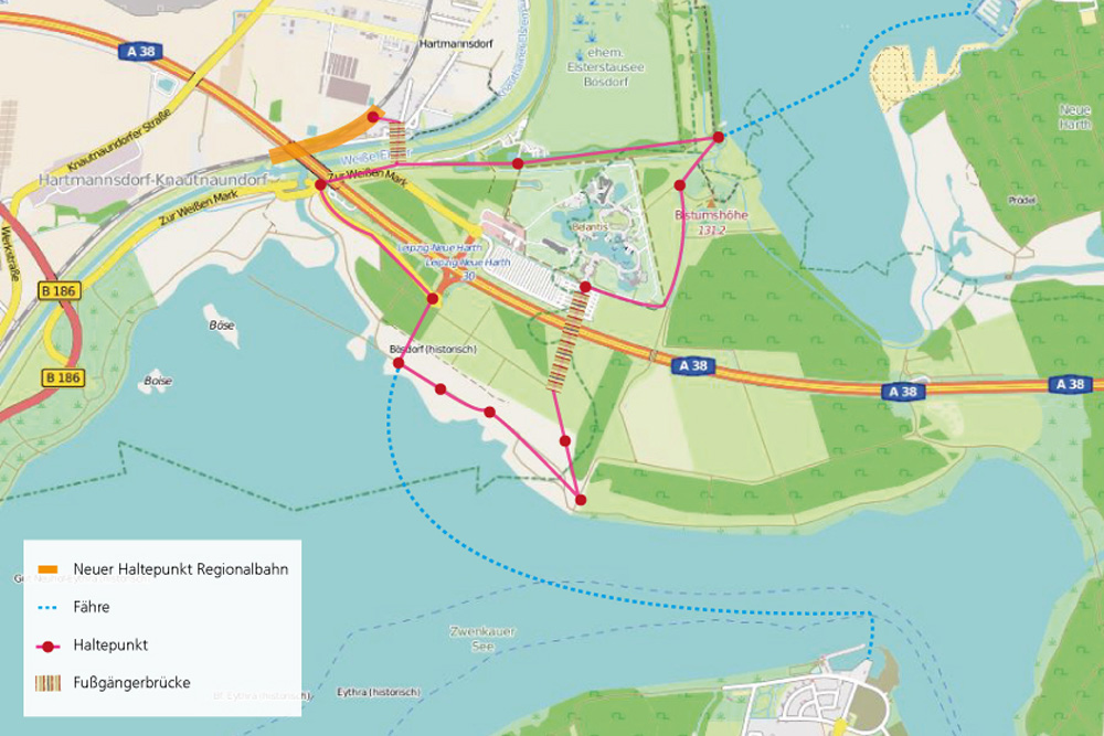 Der Ökolöwe hatte schon 2014 die zwei notwendigen Brückenbauwerke für den Zwenkauer See skizziert - die Erikenbrücke ist oben gestrichelt dargestellt. Grafik: Ökolöwe