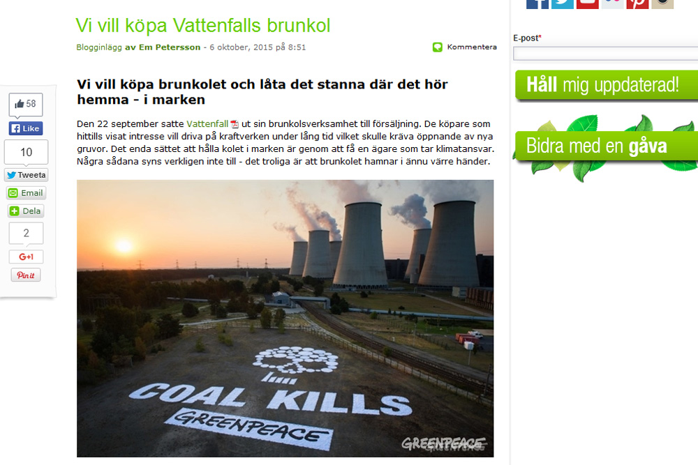 Greenpeace Schweden verkündet offiziell seine Kaufabsichen für Vattenfalls Kohlesparte. Screenshot: L-IZ