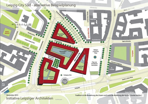 Der Entwurf zeigt einen klar strukturierten Wilhelm-Leuschner-Platz und ein kompaktes Quartier City-Süd / Markthallenviertel. Grafik: Initiative Leipziger Architekten