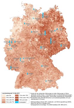 Leerstandsquoten in deutschen Gemeinden 2011. Foto: UFZ (Datengrundlage: Statistische Ämter des Bundes und der Länder 2014c)