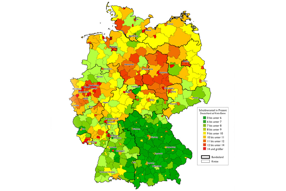 Schuldnerquoten 2015 auf Kreisebene. Grafik: Creditreform