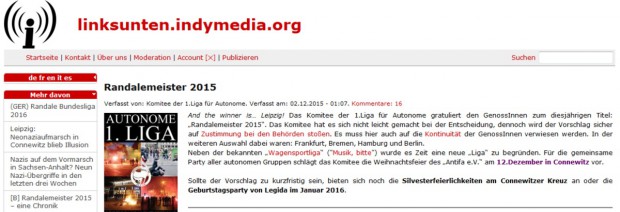 "falls der 12. Dezember zu kurzfristig ist" - eine Silvester-Einladung vom 2. Dezember 2015 auf Indymedia. Screenshot von linksunten.indymedia.org