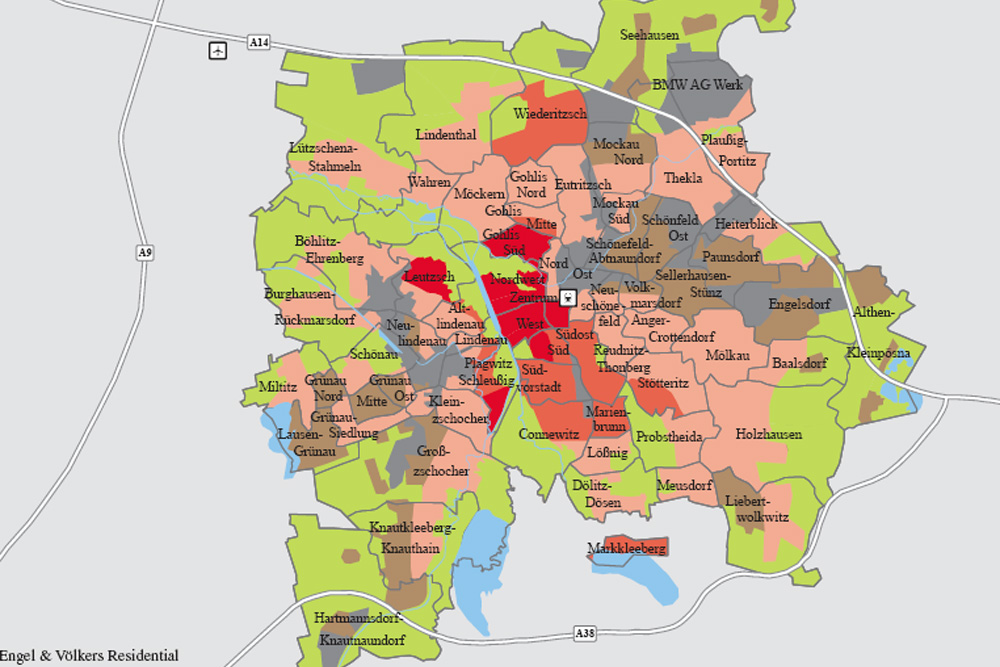 Lagen im Leipziger Immobilienmarkt: "Sehr gute Lagen" sind rot eingemalt. Grafik: Engel & Völkers