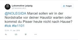 Bedrohung von Marcel Nowicki von NoLegida bei Fanszene Lok LE. Screenshot Twitter