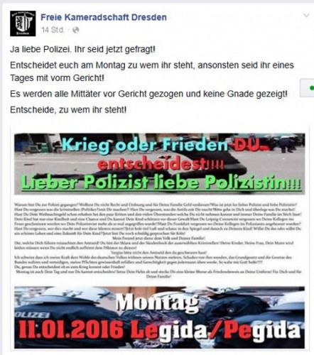 Ein Facebookpost der reisewilligen Freien Kameradschaft Dresden in Reaktion auf die aufgelöste Demo in Köln. Screenshot Facebookseite