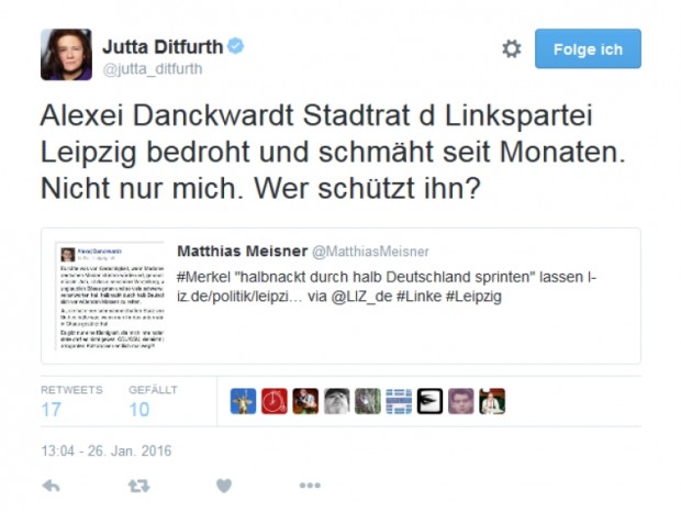 Der Fall Dankwardt zog in den letzten Stunden immer größere Kreise. Tweet von Jutta Ditfurth. Screenshot Twitter