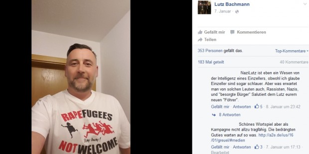 Lutz Bachmann - Selfie mit T-Shirt öffentlich einsehbar auf Facebook. Quelle: Screenshot Facebookseite Lutz Bachmann