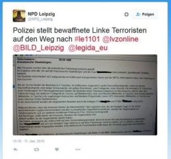 NPD Tweet mit polizeiinternen Informationen. Screenshot eines Twitter-Beitrages einer weiteren Userin