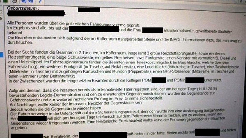 Polizeiinterne Einsatzunterlagen der Polizei am 11. Januar 2016 bei Legida und NPD Leipzig auf Twitter erschienen. Hier mit geschwärzten persönlichen Daten. Foto: Legida Twitter