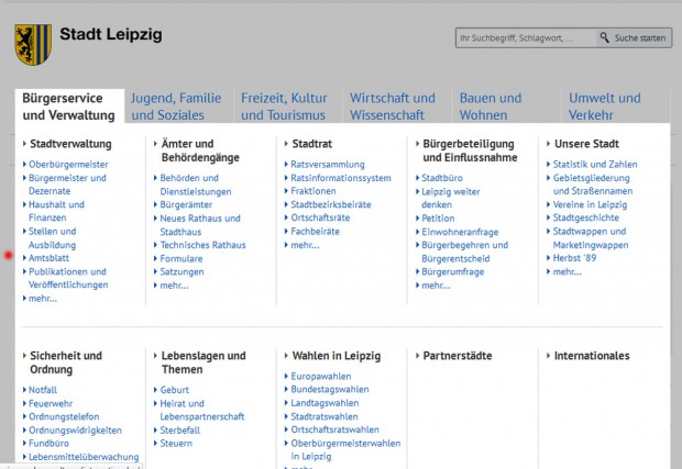 Den Link zum Amtsblatt findet man erst im aufgeklappten Menü der Stadtseite. Screenshot: L-IZ