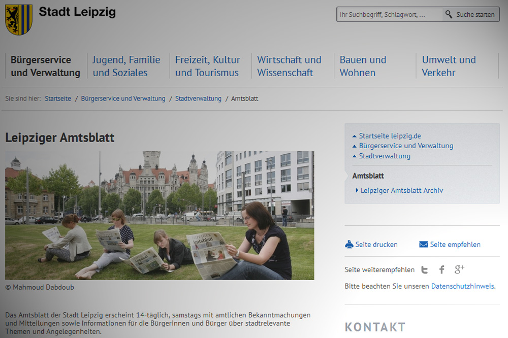 Webauftritt des Leipziger Amtsblattes. Screenshot: L-IZ