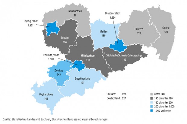 Alles konzentriert sich auf die Großstädte: Bevölkerungsdichte in Sachsen. Karte: Freistaat Sachsen / SMWA