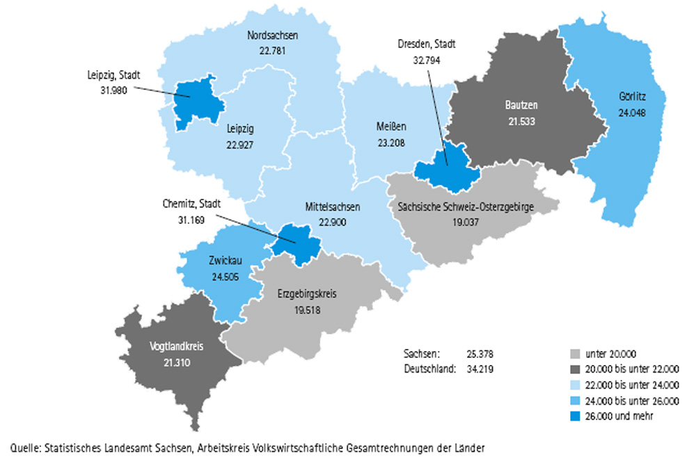 Das Bruttoinlandsprodukt (BIP) in den Kreisen und Kreisfrreien Städten Sachsens. Grafik: Freistaat Sachsen / SMWA