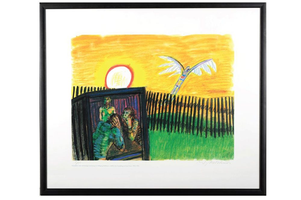 Wolfgang Mattheuer: Der Nachbar will fliegen, Farbsiebdruck, Foto: Leipziger Buch- und Kunstantiquariat